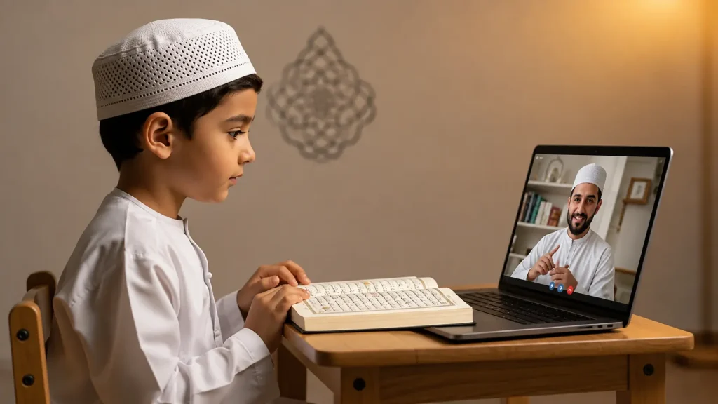 A child learning to read quran online with an online quran tutor