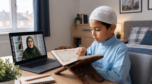 A child in bedroom learning quran online with female tutor