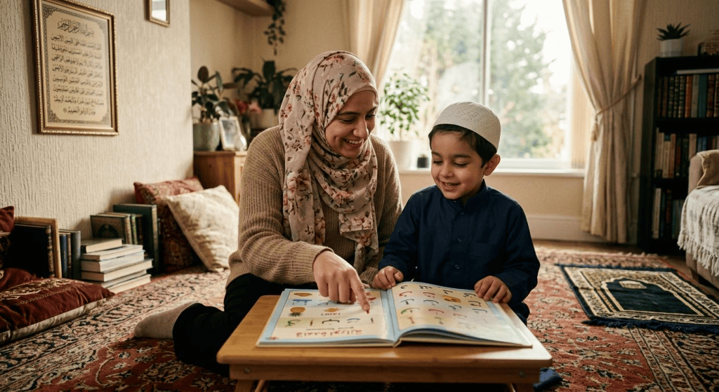 Parent supporting online Quran classes for kids and Quran learning at home.