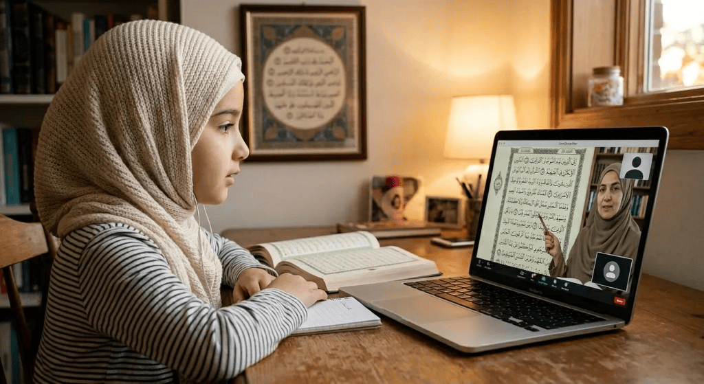 Muslim child attending online classes for kids to learn the Quran from home.