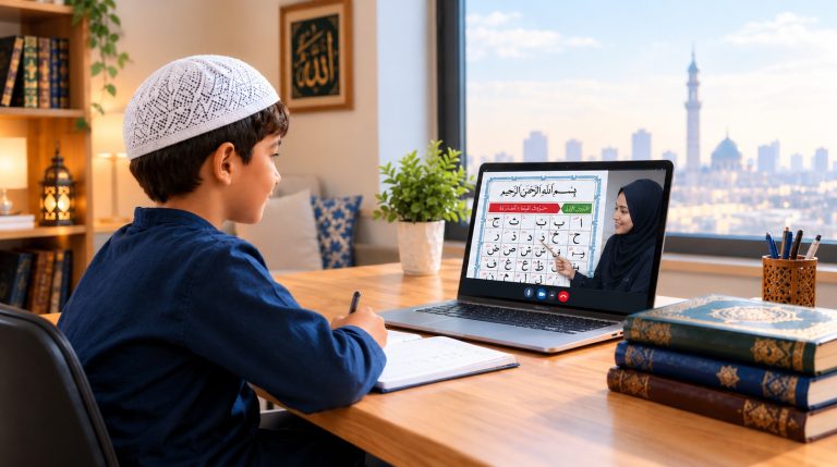 Child learning Quran online with a teacher