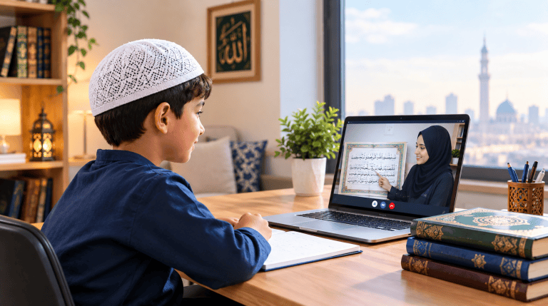 Child learning Quran online with a teacher.